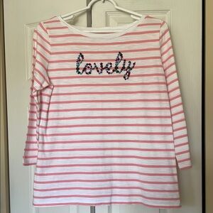 Pink and White Striped 3/4 length sleeve top. Size M. Pullover.